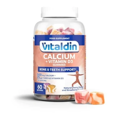 Image of VITALDIN Calcium + Vitamin D3 Gummies 500 mg &amp; 1.000 IU D per Serving 60 Chewable (1 Month Supply); Fruit Flavour Bone Teeth Support Gluten Free for Kids Adults