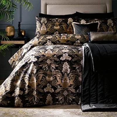Image of Laurence Llewelyn Bowen Black/Gold Jungle Duvet Cover Super King Bedding Size (260 x 220cm) Soft 100% Cotton 2 Pillowcases Luxury with Leopard Bohemian/Damask in Black
