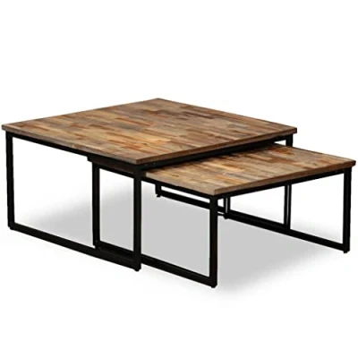 Image of vidaXL Industrial Reclaimed Teak Nesting Coffee Table Set 2 Piece Square Low Coffee/Side Tables with Steel Legs for Living Room/Bedroom