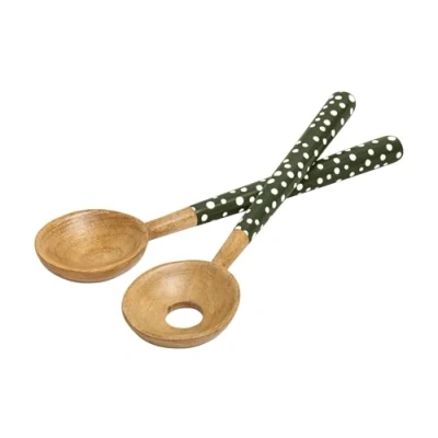 Image of Dexam Sintra Mango Wood Spotted Salad Servers Olive Green