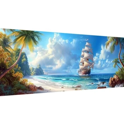 Image of Boat Diamond Art Kits Adults Large Ocean Painting Kit DIY for Kids Full Drill Gem Rhinestone Embroidery Crystal Arts and Crafts, Home Wall Decor 150x60cm