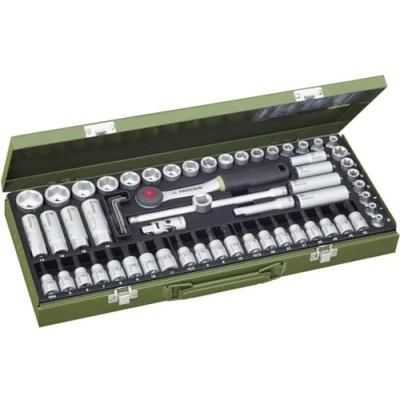 Image of Proxxon 23112 Super Compact Socket Wrench Set with 10 mm (3/8 Inch) Reversible Ratchet 65 Piece Tool in Steel Box
