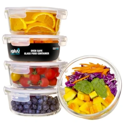 Image of Igluu Meal Prep Glass Containers [5 PACK + EXTRA lid] Food Storage, Microwave, Oven, Freezer &amp; Dishwasher safe Airtight Boxes with Snap Lock Steam Vent Lids, BPA Free(950ml 32oz)