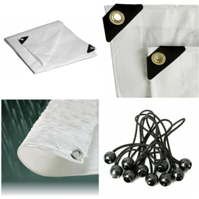Image of WHITE 140gsm REINFORCED TARPAULIN, EYELETS WATERPROOF COVER 6 Free Bungees!! (2m x 2m)