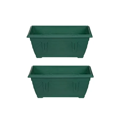 Image of Set Of 2 Venetian Window Box Trough Planter Small 40cm Plastic Flower Plant Pot Forest Green