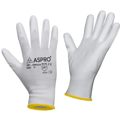 Image of 10 Pairs Size M(8) White Nylon PU coated work gloves for builders, gardeners, etc By ASPRO (10 pairs, MEDIUM (size 8))