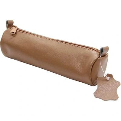 Image of ALASSIO 43016 Genuine Leather Pencil Case, Natural Approx. 21 x 6 cm, Round Case for Writing Instruments, with Zip