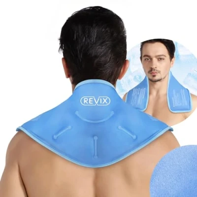 Image of REVIX XL Neck Ice Pack for Injuries Reusable Gel Wrap Pain Relief, Hot and Cold Compress Chronic Pain, Sports Injury Cervical Surgery Recovery, Soft Plush Lining