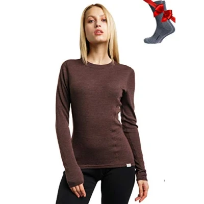 Image of Merino.tech Merino Wool Base Layer Women 100% Midweight Long Sleeve Thermal Shirts + Socks (Small, Chocolate 250)