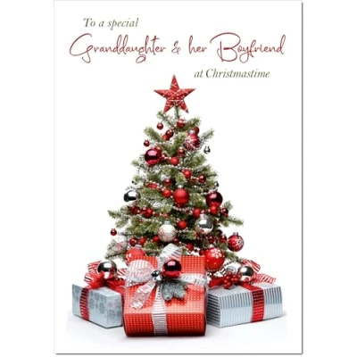 Image of doodlecards Granddaughter &amp; Boyfriend Christmas Card Tree Parcels Medium Size with Plain Envelope