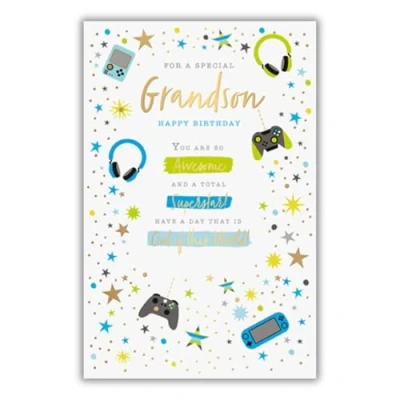 Image of Words and Wishes Special Grandson Birthday Card Headphones Game Controllers with Embossed Foil Finish