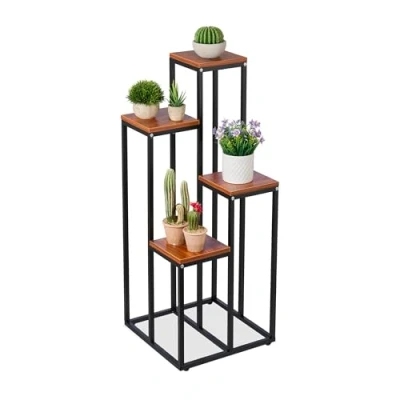 Image of Relaxdays Plant Stand, Modern Pot Holder with 4 Tiers, 80x40x40 cm, Black Metal Frame, MDF Shelving Space Saving, Brown, Steel