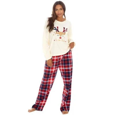 Image of Metzuyan WS AW23 Ladies Microfleece Warm Long Sleeve Applique Pyjamas Lounge Set Nightwear Cream Reindeer Large