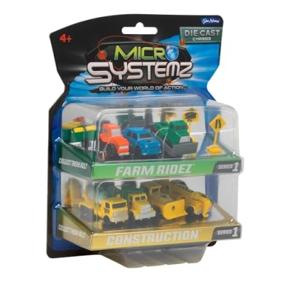 Image of JOHN ADAMS MICRO SYSTEMZ farm RIDEZ &amp; CONSTRUCTION: 3 Vehicles with 2 road signs, plus 4 different construction trucks Toy Playsets Die Cast Cars Ages 4+