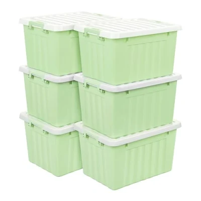 Image of Cetomo 15L*6 Storage Boxes with Lids, Plastic Bins Latching Buckles, Click Closure, Stackable, Nesting, Organizer for Home Office Clothes, Green, 15L 6 Pack