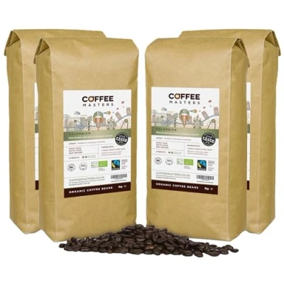 Image of Coffee Masters Colombian Organic Beans 4x1kg Fairtrade Single Origin 100% Arabica Light Roasted Whole Ideal for Espresso Machines Great Taste Award Winner