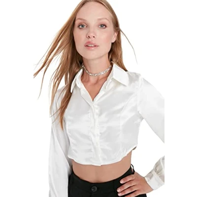 Image of Trendyol Women&#039;s Woman Slim Bodycon Shirt Collar Woven Blouse, Ecru, 36