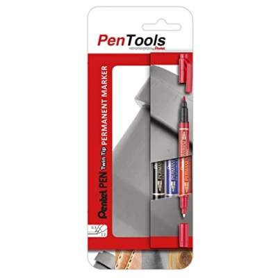 Image of PenTools by Pentel N75W Twin Tip Permanent Marker Pens Multi Purpose and Low Odour 2 Tips (0.3mm 1.2mm) Pack of 3 Assorted Colours