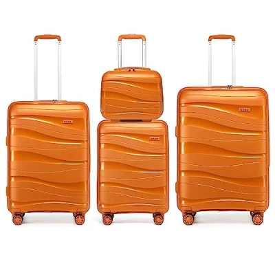 Image of Kono Luggage Sets of 4 Piece Lightweight Polypropylene Hard Shell Suitcase with TSA Lock Spinner Wheels 20&quot; 24&quot; 28&quot; Travel Trolley Case + 14&quot; Beauty (Set 4, Orange)