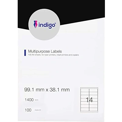 Image of indigo® Multipurpose White A4 Labels 100 Sheets Per Box Inkjet, Laser, and Copier (14 Label Sheet (99.1 x 38.1mm))