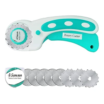 Image of 45mm Rotary Cutter with 9pcs Extra Blades, Ergonomic Handle Rolling Safety Lock for Fabric, Leather, Crafting, Sewing, Quilting, Fabric Perfect Left &amp; Right Hand(Cyan)