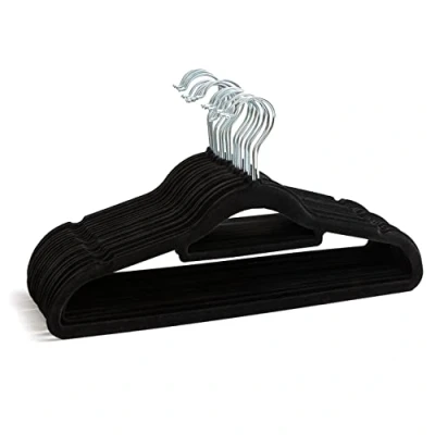 Image of 20 Non Slip Velvet Hangers Heavy Duty Black Felt Coat 360 Degree Swivel Hooks Premium Space Saving Design