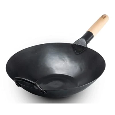 Image of Craft Wok Black13 Flat Pre Seasoned Hammered Carbon Steel with Wooden and Helper Handle (13 Inch, Bottom)