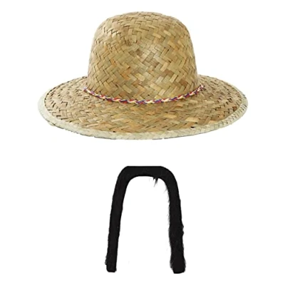 Image of Chinese Oriental Coolie Hat Fancy Dress Costume Asian Straw and Long Moustache Pack Of 1