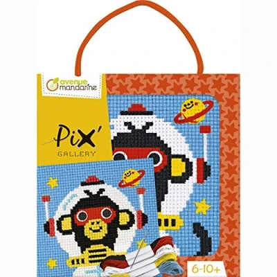 Image of Avenue Mandarine Ref KC121C Pix Gallery Box Cross Stitch Painting Monkey Astronaut Design 127 x 127mm Printed Fabric, Frame Included, Suitable for Ages 6 10+