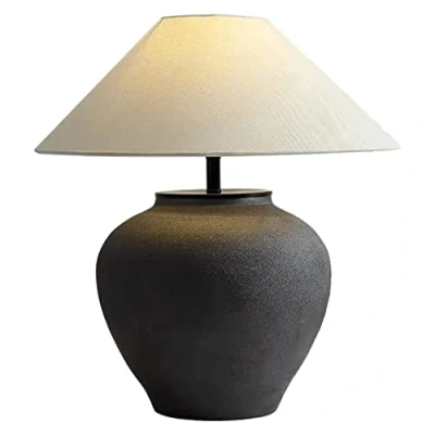 Image of AOKLEY Bedside Table Lamp Rustic Black 20.86&quot; Tall Farmhouse Handmade Ceramic with Off White Drum Shade for Living Room Bedroom