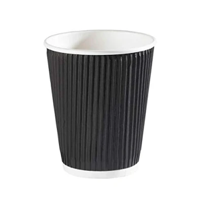 Image of 25 X 10oz Disposable Black Paper Cups, Triple Walled Ripple Cups for Coffee, Tea and Other Drinks Hot Cold Tableware