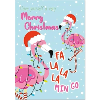 Image of doodlecards Merry Christmas, Christmas Card Flamingo Tree Lights Medium Size with Plain Envelope
