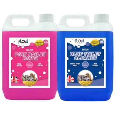 Image of Flow Pink &amp; Blue Chemical Motorhome Caravan Toilet Fluid Rinse Cleaner Disinfectant, 2.5 Litre 2 Pack Combo