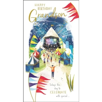 Image of Grandson Birthday Card Music Festival Design Special Finishes and Illustrated Insert Leaf Made in the UK