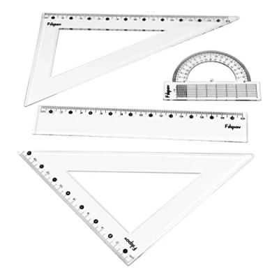 Image of Geometry Set 4 Piece Drawing Triangle 60/200, 45/220, Ruler 20 cm and Protractor/Transparent