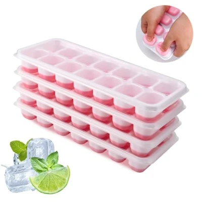 Image of Ice Cube Tray, 4 Pack Silicone Tray with Lid, Easy Release BPA Free Trays for Freezer, Moulds Whiskey, Cocktails, Drinks(Pink)