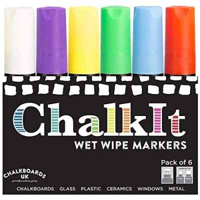 Image of Chalkboards UK Wet Wipe Liquid Chalk Pens, Chalkboard markers, Blackboard pens (Assorted Colours, Pack of 6, 15mm)