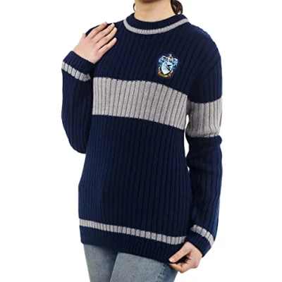 Image of Harry Potter Ravenclaw Quidditch Jumper: Hogwarts House Uniform Replica Rib Stitch Knitted Crew Neck Jumper for Men and Women (XS) Blue, Silver