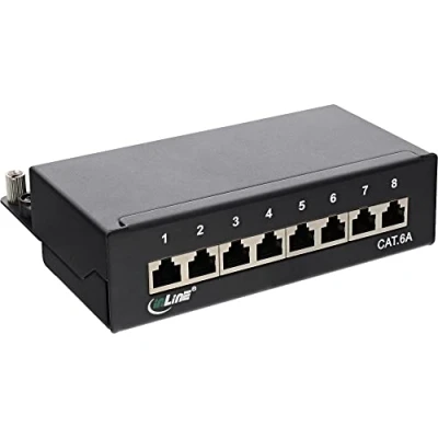 Image of InLine 76808A Flat Patch Panel Cat.6A 8 Way Mounting on Top Hat Rail (TS35) Black RAL9005