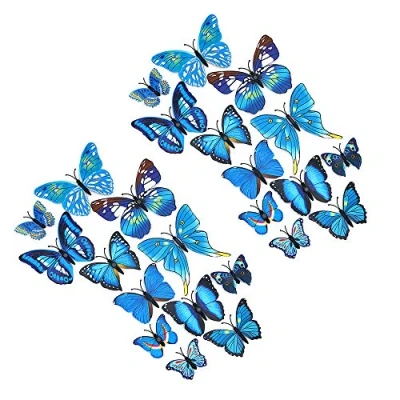 Image of Shiwaki 24pcs 3D simulation three dimensional butterfly magnet wall sticker decoration refrigerator home decoration(Blue)