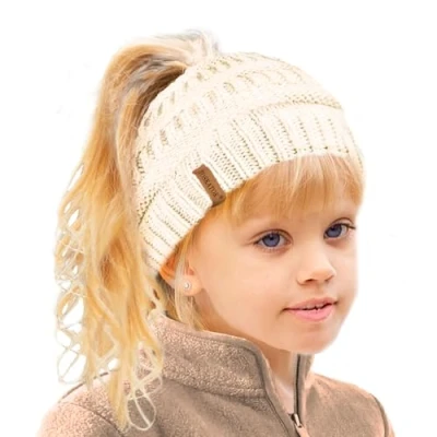 Image of TOSKATOK Girl&#039;s Thermal Teddy Fleece Lined Ponytail Beanie Hat Cream