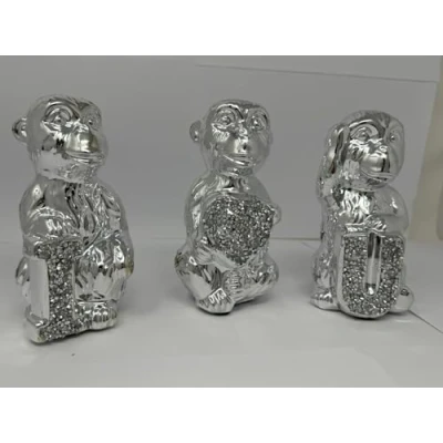 Image of Silver Sparkle Ornament Bling Crushed Diamond Gift, Hear No, See Speak No Evil Monkeys Animal Statue, 10cm, Home Decor