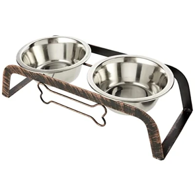 Image of Rosewood Raised Metal Dog Bowl for Medium Dogs With a Sturdy Elevated Stand and Two Stainless Steel Water Food Bowls, Large