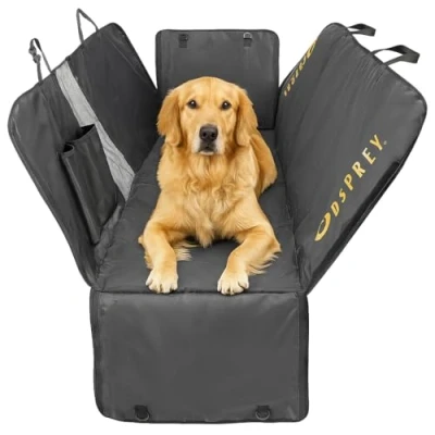Image of Osprey Rear Car Seat Cover, Waterproof Recycled Fabric Back Protector with Mesh Window, Side Flaps &amp; Pocket, Universal Fit for Dogs Kids Travel and Beach Days
