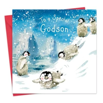 Image of Twizler Godson Christmas Card with Playing Penguins Happy Xmas Merry