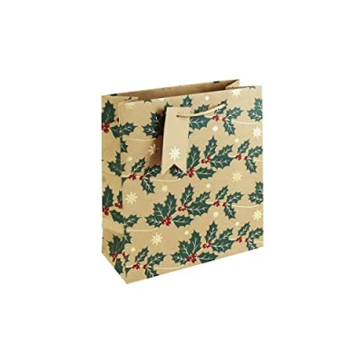 Image of Clairefontaine X 31331 3C A Kraft Gift Bag Medium Size 21.5x10.2x25.3cm 210g Pattern: Christmas Holly Wrapping, Ideal for: Books, Games, Small Gifts