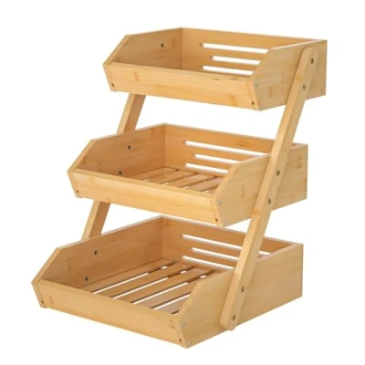 Image of 3 Tier Bamboo Fruit Basket for Kitchen, Vegetables Rack Storage Stand Detachable Holder Fruits Veggies Bread Snacks in Home, Kitchen Office