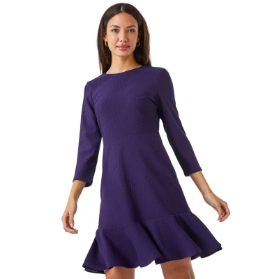 Image of Roman Originals Textured Frill Hem Dress for Women UK Ladies Spring Everyday Summer Holiday Autumn Winter Pull On Comfy Soft Vacation Work Purple Size 18