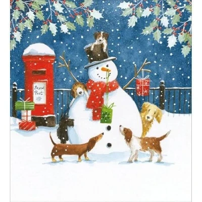 Image of Woodmansterne Christmas Cards Snowman Dogs Pack 5 Charity UK Made Xmas