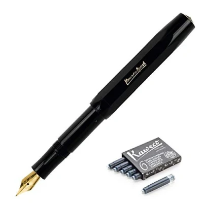 Image of Kaweco Classic Sport Medium Nib Fountain Pen + Pack of 6 Black Ink Cartridges Set (Black)